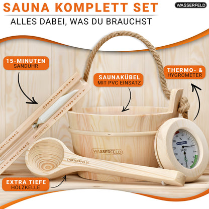 WASSERFELD® Sauna Eimer-Set (4 Liter) mit Kelle, Sanduhr, Thermo- & Hygrometer | Hitzebeständig