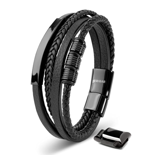 Flecht-Wickelarmband für Herren aus Leder (23cm) in Schwarz: Armschmuck Geschenk