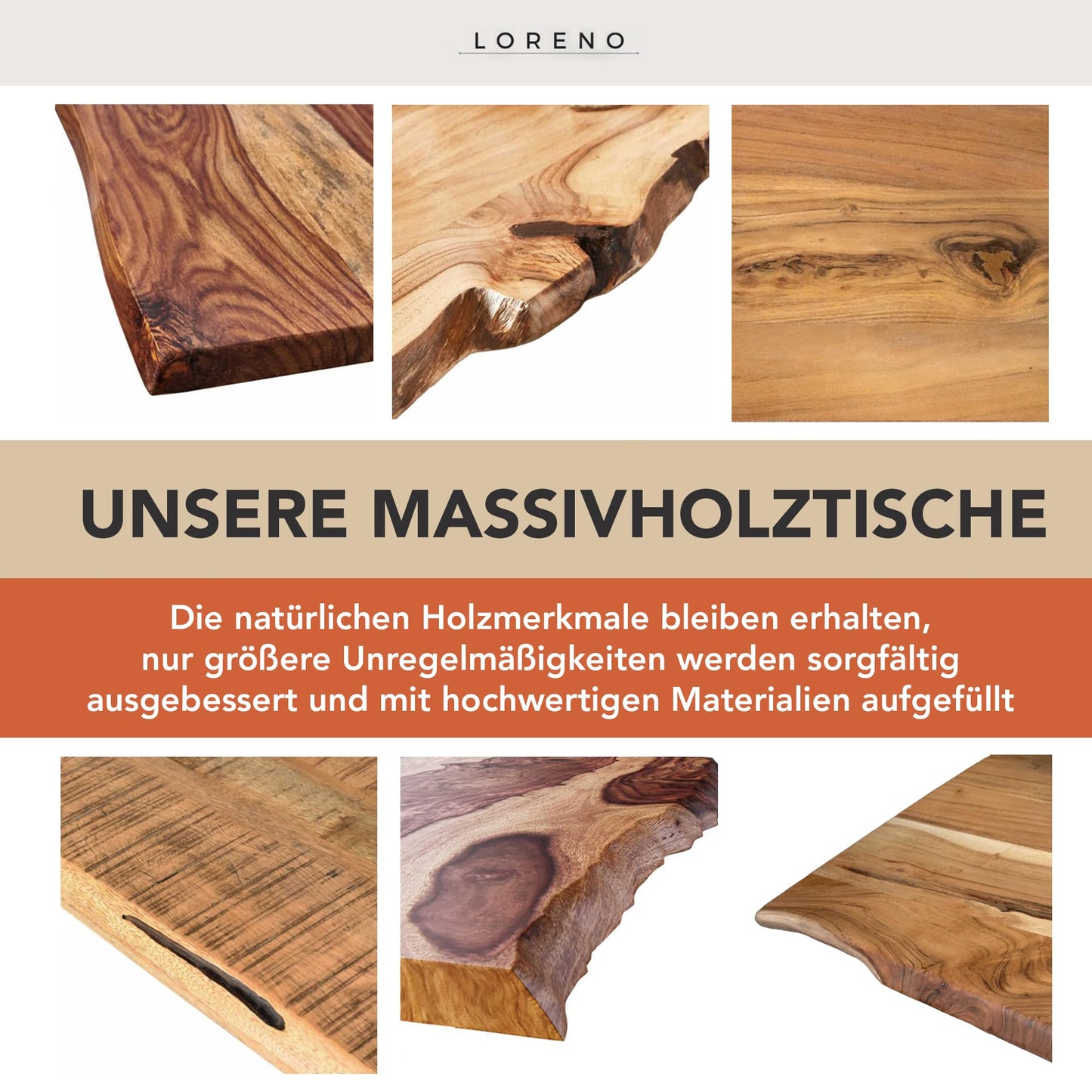 Loreno Handgefertigter Esstisch aus Mangoholz | Massiver Tisch mit Baumkante