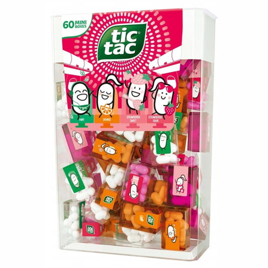 Kleiner Genuss, große Vielfalt – die Tic Tac Strawberry Edition im Mini-Mix bietet dir 60 handliche Schachteln à 3,8 g in vier leckeren Sorten. Perfekt zum Teilen, für unterwegs oder als süße Aufmerksamkeit – ideal auch zu Halloween oder anderen Anlässen.

Eigenschaften:

Gesamtinhalt: 228 g, aufgeteilt in 60 Mini-Schachteln (à 3,8 g)

Sortenvielfalt: 15x Erdbeer-Süß, 15x Erdbeer-Sauer, 15x Orange, 15x Minze

Ideal zum Verteilen – für Partys, unterwegs oder als Mitgebsel

Kompakt & praktisch: Einzeln verpac