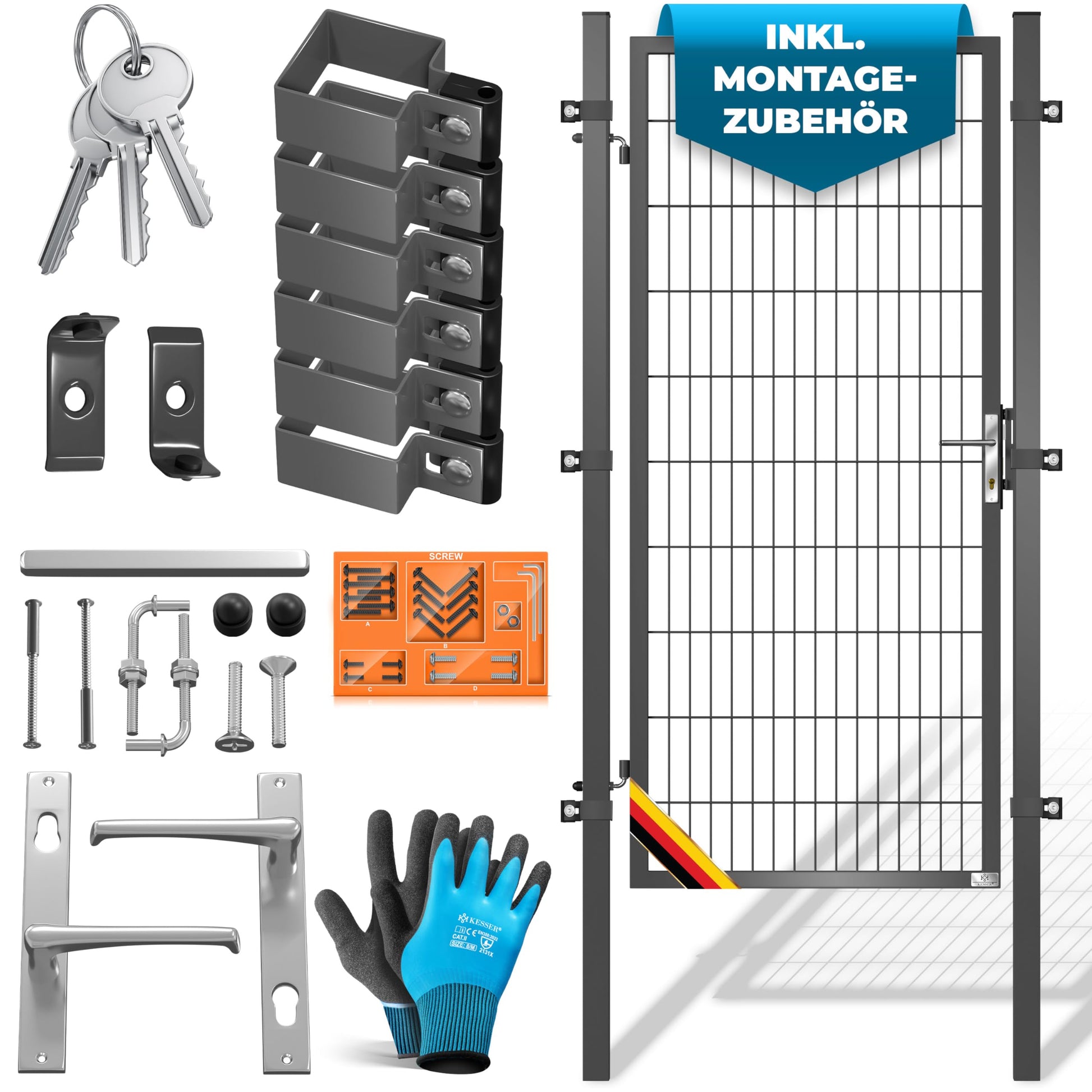 KESSER® Premium Gartentor aus Metall mit verzinktem Stahl inkl. Pfosten, Türklinke, Schlüssel