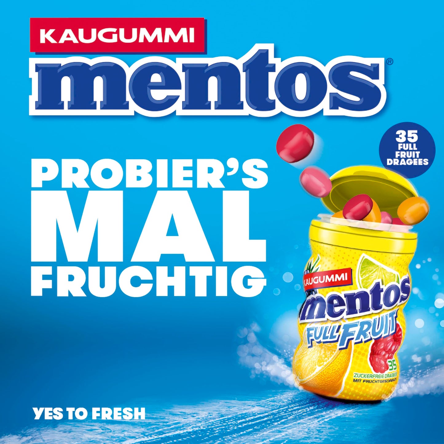 Mentos Kaugummi Full Fruit (6x 35 Stück) in drei Sorten mit Frucht-Geschmack & flüssiger Füllung
