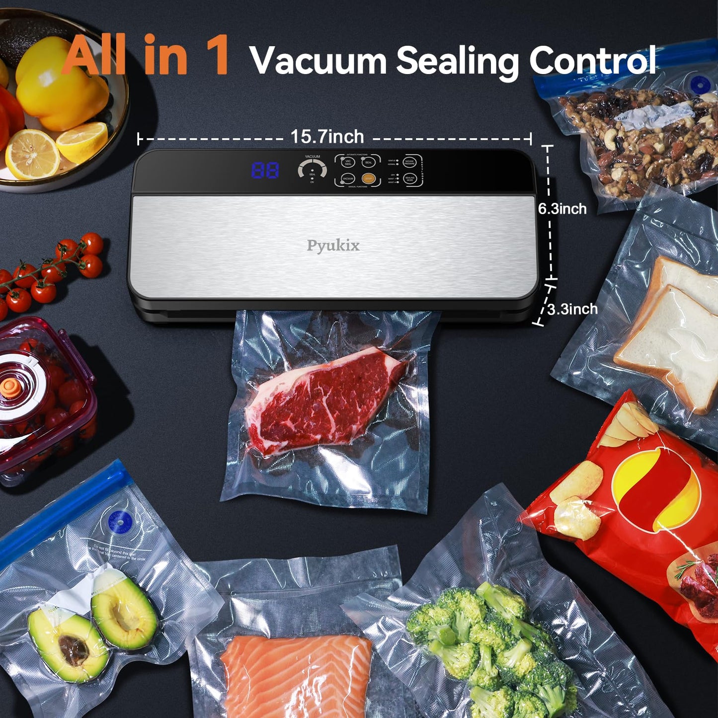 8-in-1 Vakuumiergerät 80 KPA | Lebensmittel Trocken-/Feuchtmodus mit eingebautem Cutter, digitalem Countdown