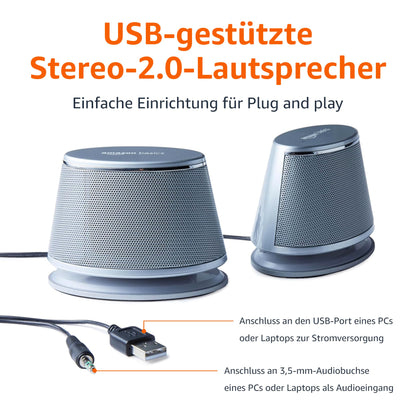 Amazon Basics Stereo-2.0-Lautsprecher für PC oder Laptop (USB-Stromversorgung) 1x Paar