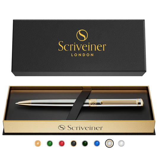 Scriveiner Kugelschreiber Hochwertiger Design Kugelschreiber in Silber mit Echtvergoldung, schwarze Schmidt Ersatzmine, Geschenkbok, Büro set, Professionelle Kugelschreiber