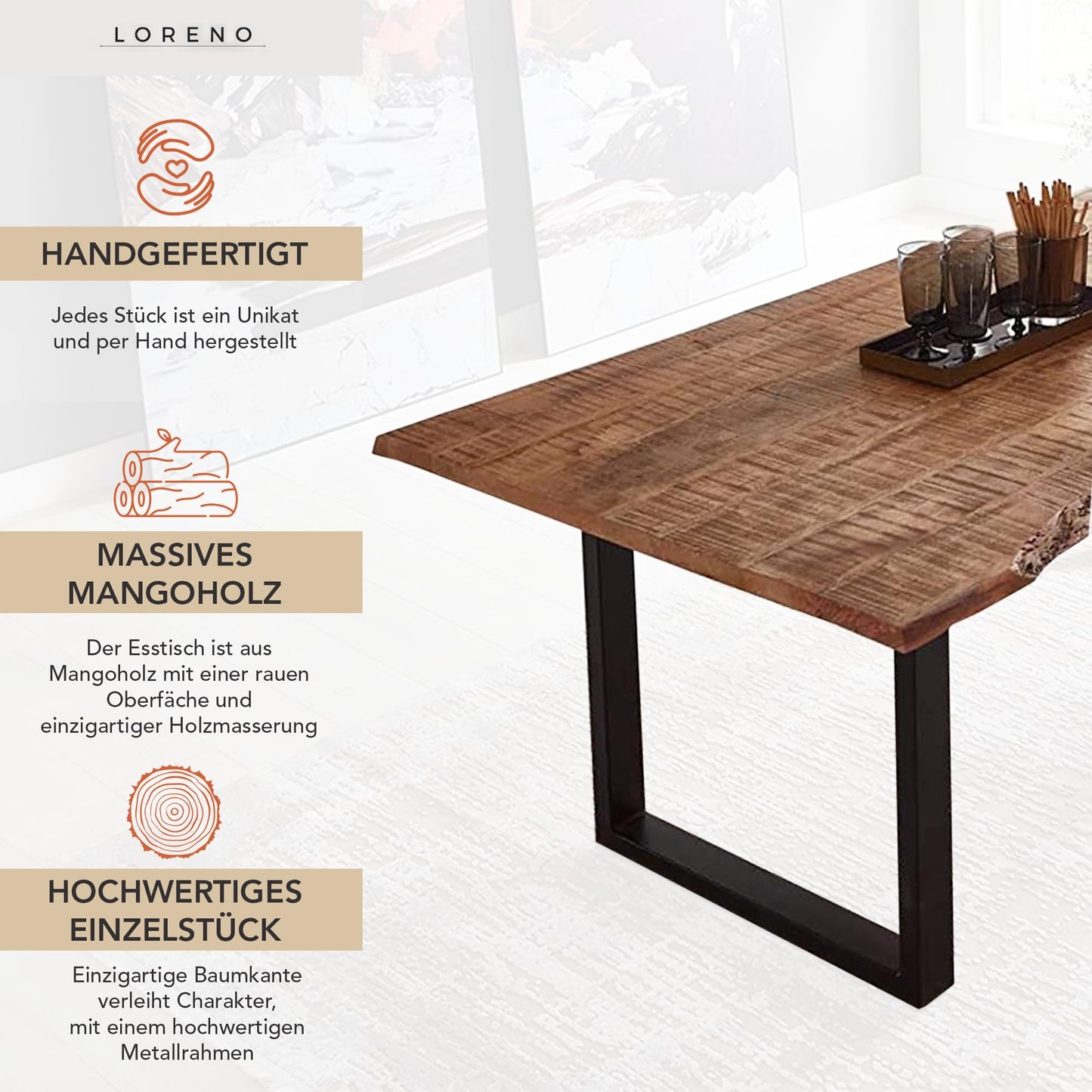 Loreno Handgefertigter Esstisch aus Mangoholz | Massiver Tisch mit Baumkante
