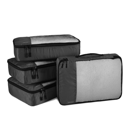 Amazon Basics Packwürfel Set für Koffer, Reise Organizer, Reißverschluss, 4 Stück, 1er-Pack, Mittelgroß, Schwarz