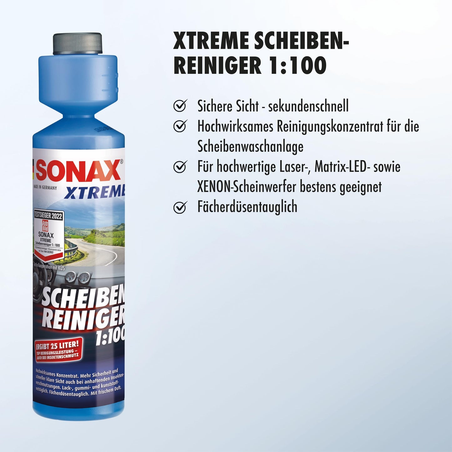 SONAX XTREME Scheibenreiniger 1:100 (250ml) ergibt 25 Liter Reinigungsflüssigkeit für klare Sicht