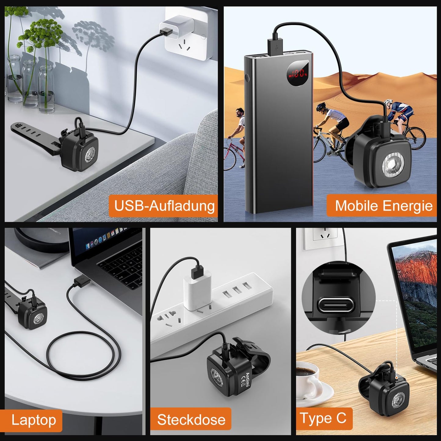 Antimi Fahrradleuchten-Set: Led IPX5 Front- & Rücklicht, USB Typ-C