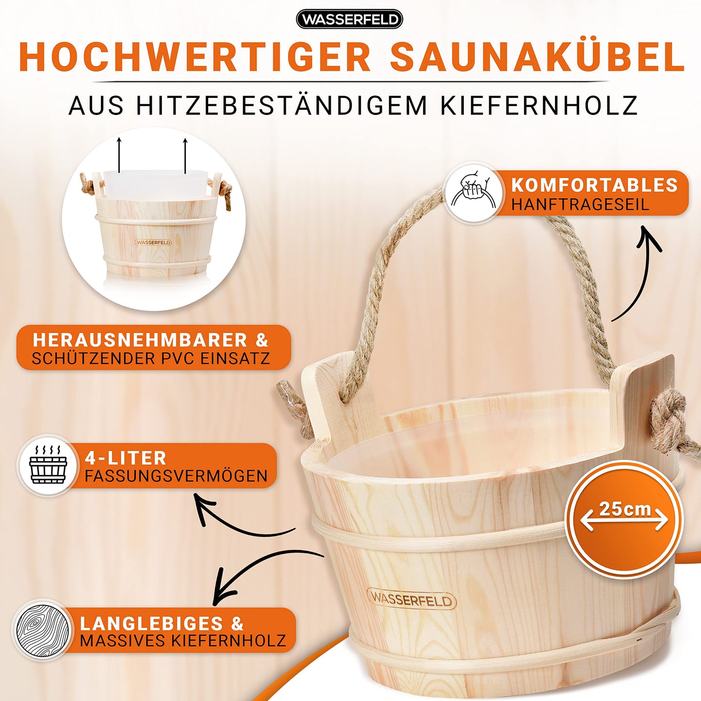 WASSERFELD® Sauna Eimer-Set (4 Liter) mit Kelle, Sanduhr, Thermo- & Hygrometer | Hitzebeständig