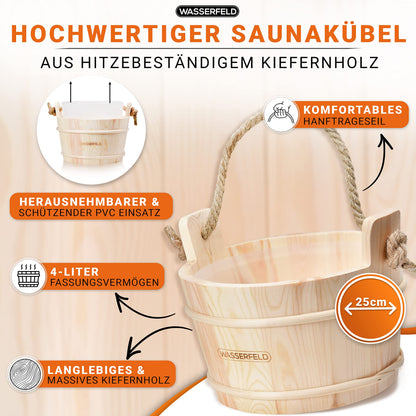 WASSERFELD® Sauna Eimer-Set (4 Liter) mit Kelle, Sanduhr, Thermo- & Hygrometer | Hitzebeständig