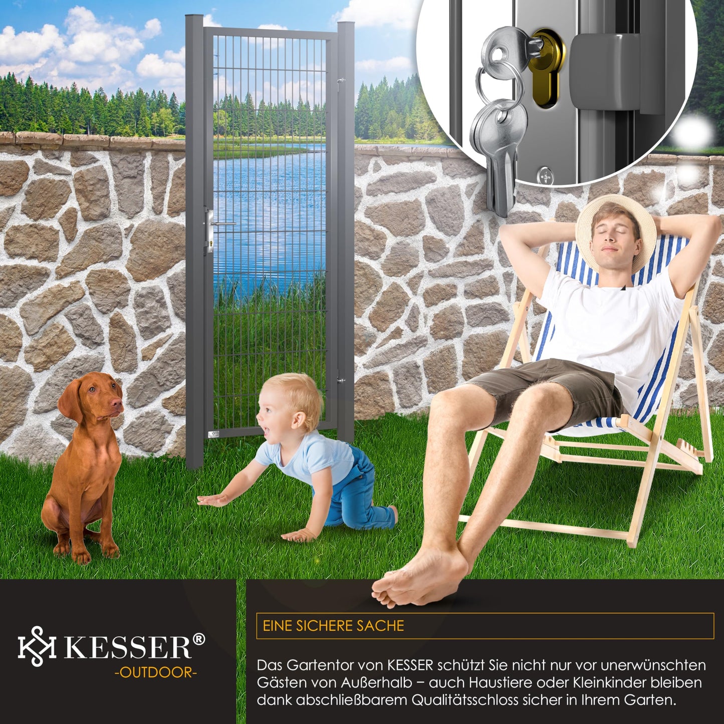 KESSER® Premium metal garden gate with galvanized steel including posts, door handle, key