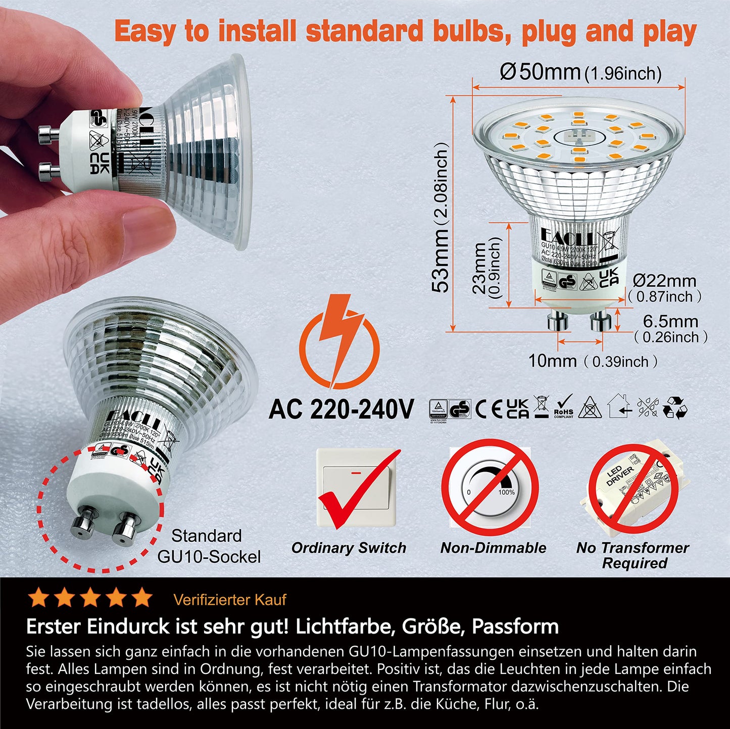 EACLL GU10 LED Halogen Leuchtmittel (Warmweiss-2700K: 4.9W) 4er-Pack