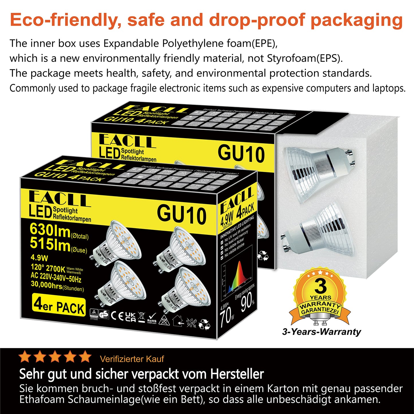 EACLL GU10 LED Halogen Leuchtmittel (Warmweiss-2700K: 4.9W) 4er-Pack