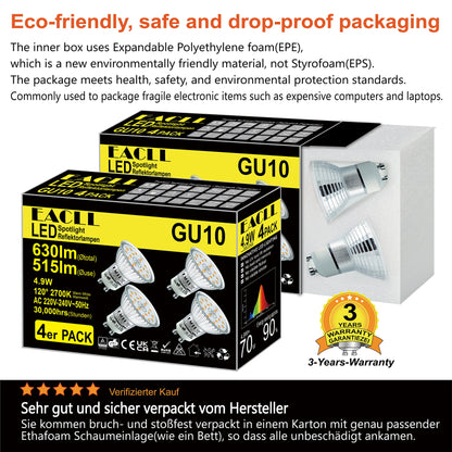 EACLL GU10 LED Halogen Leuchtmittel (Warmweiss-2700K: 4.9W) 4er-Pack