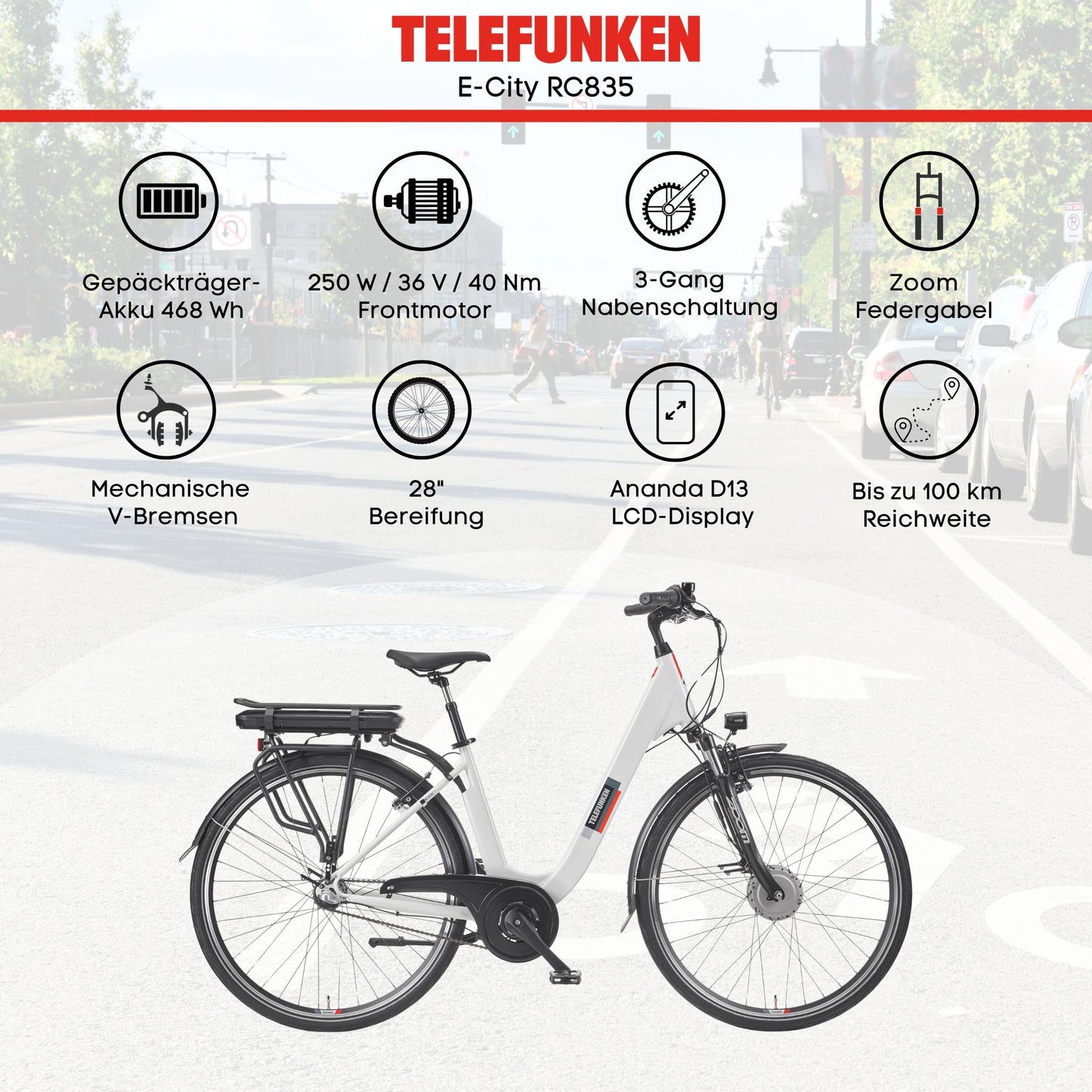 TELEFUNKEN (RC835) Multitalent E-Bike für Damen: Frontmotor, 3-Gang, V-Bremsen