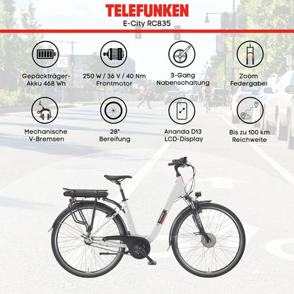 TELEFUNKEN (RC835) Multitalent E-Bike für Damen: Frontmotor, 3-Gang, V-Bremsen