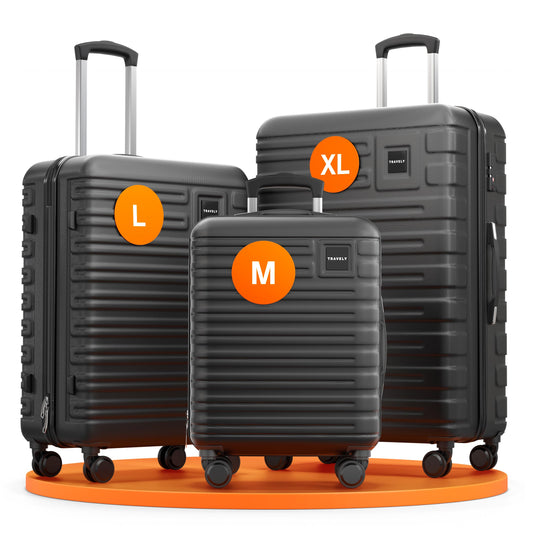 TRAVELY Polycarbonat Koffer-Set (3-teilig) mit sanften Rollen & TSA Schloss | Schwarz