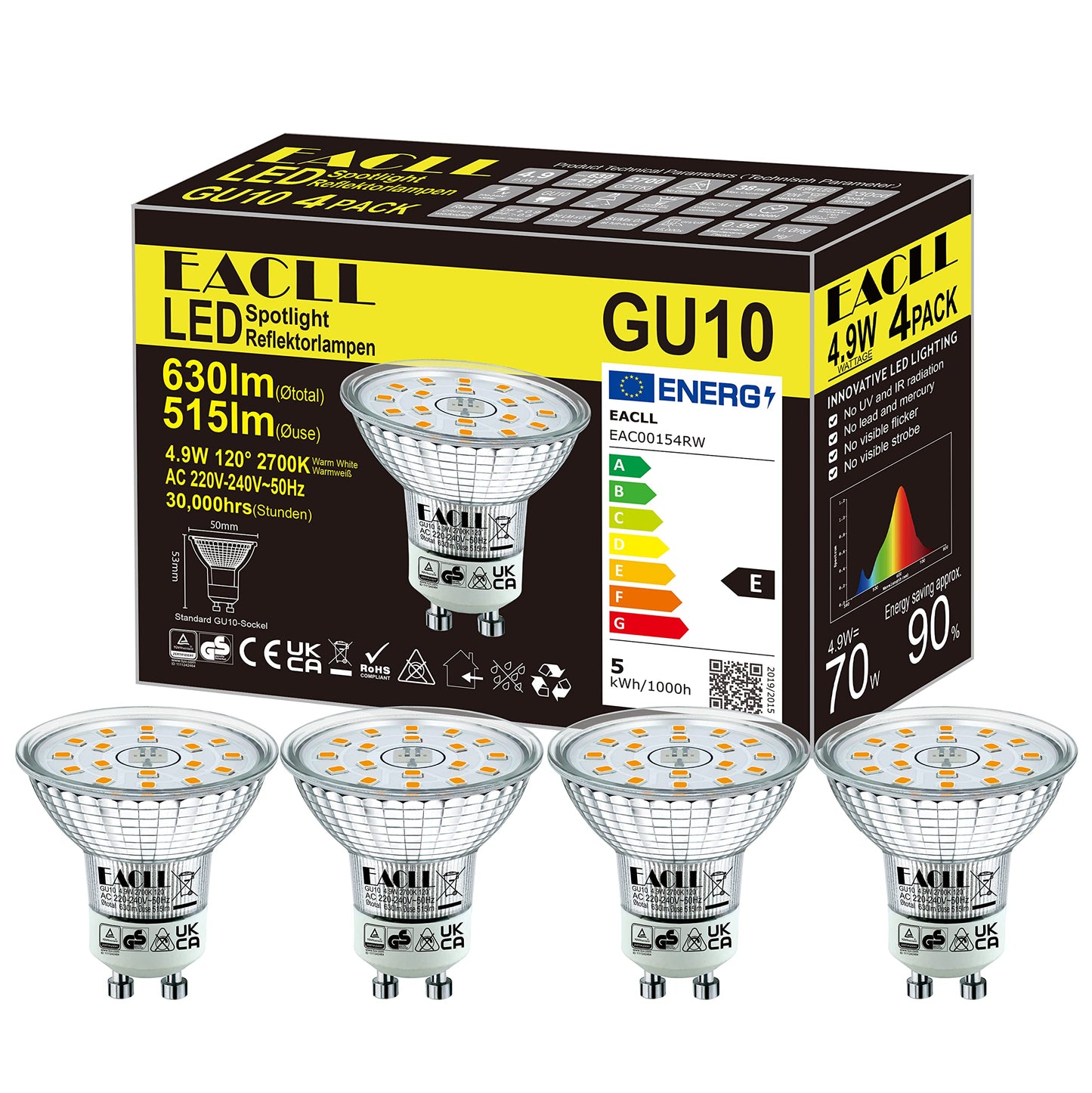 EACLL GU10 LED Halogen Leuchtmittel (Warmweiss-2700K: 4.9W) 4er-Pack