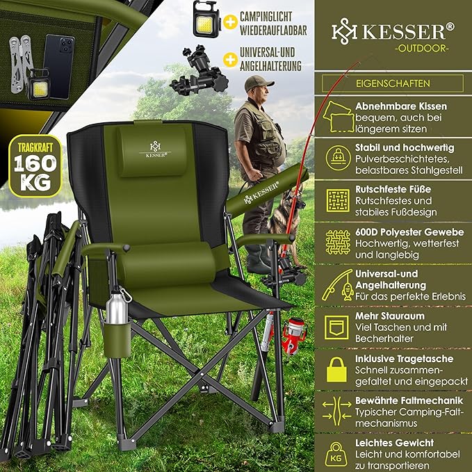 KESSER® Campingstuhl faltbar bis 160kg | Strandstuhl mit Angelhalterung