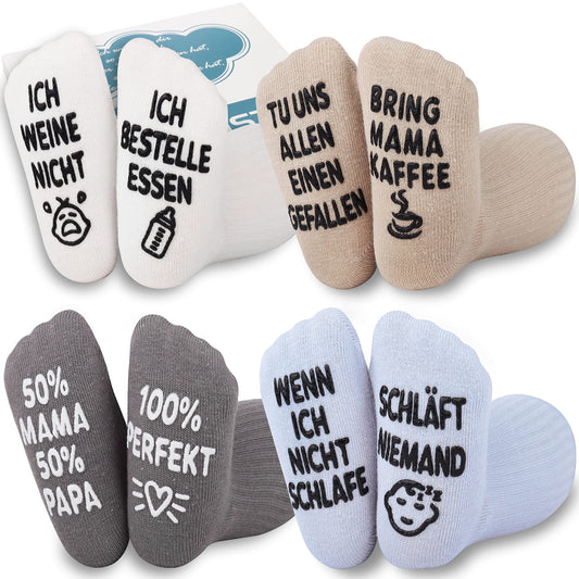 Belloxis Baby Socken (4 Paar): Lustige Textaufdrucke & Rutschfest | Für Babys von 0-12 Monaten