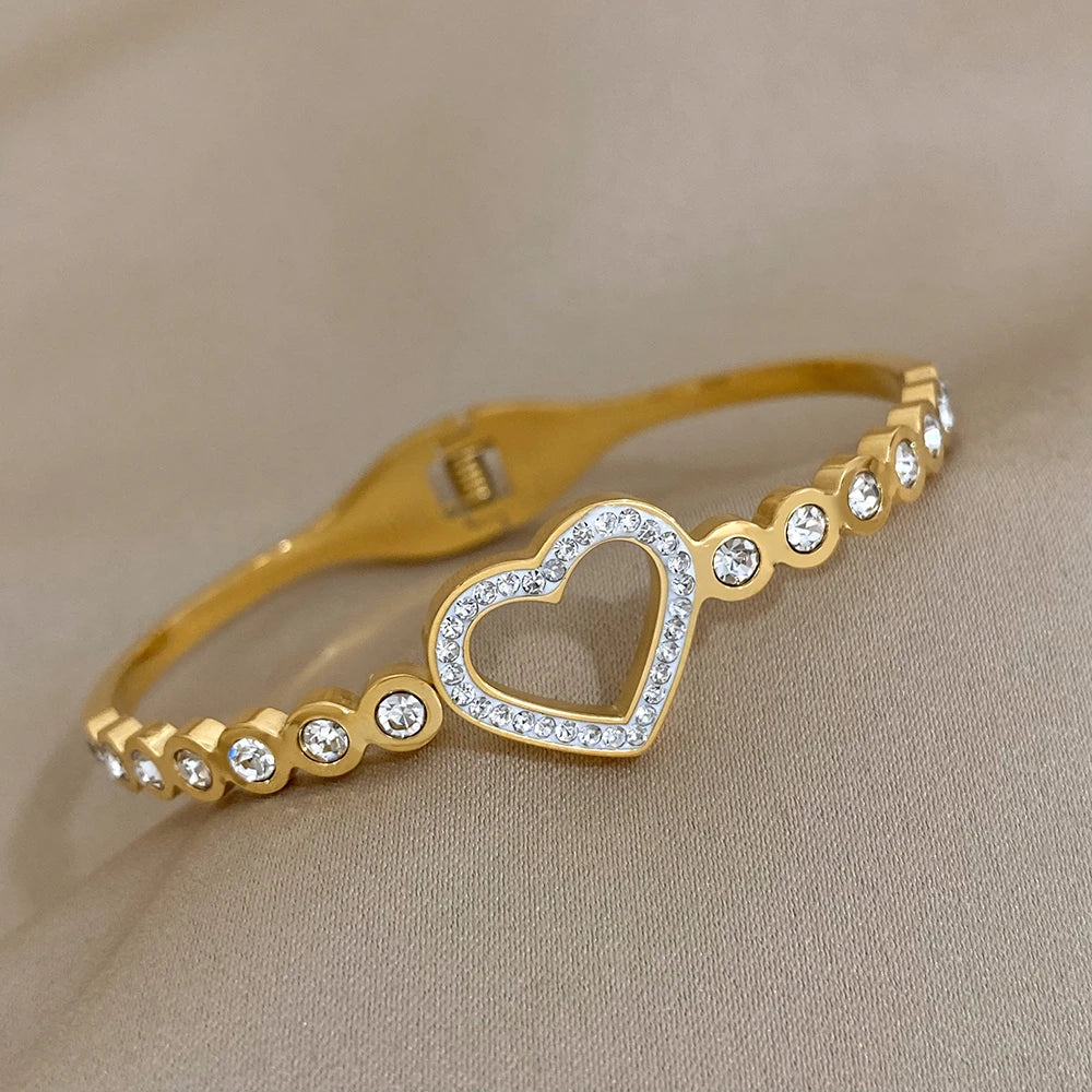 Love Bracelet | Edelstahl Goldplattiert, Herz-Charm Armband mit Glitzersteinen