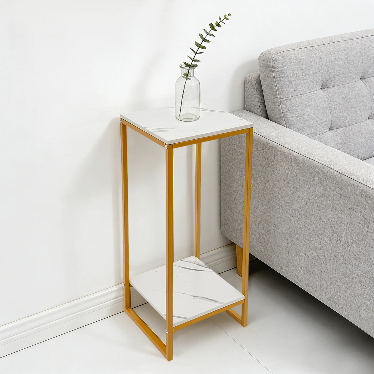 Blumenständer W | 2-stufiger Pflanzenständer, 75 Cm Hoch, Goldener Metall-Blumentopfständer mit Weißer Platte für Wohnzimmer, Schlafzimmer, Balkon – Bild 2