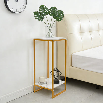 Blumenständer W | 2-stufiger Pflanzenständer, 75 Cm Hoch, Goldener Metall-Blumentopfständer mit Weißer Platte für Wohnzimmer, Schlafzimmer, Balkon