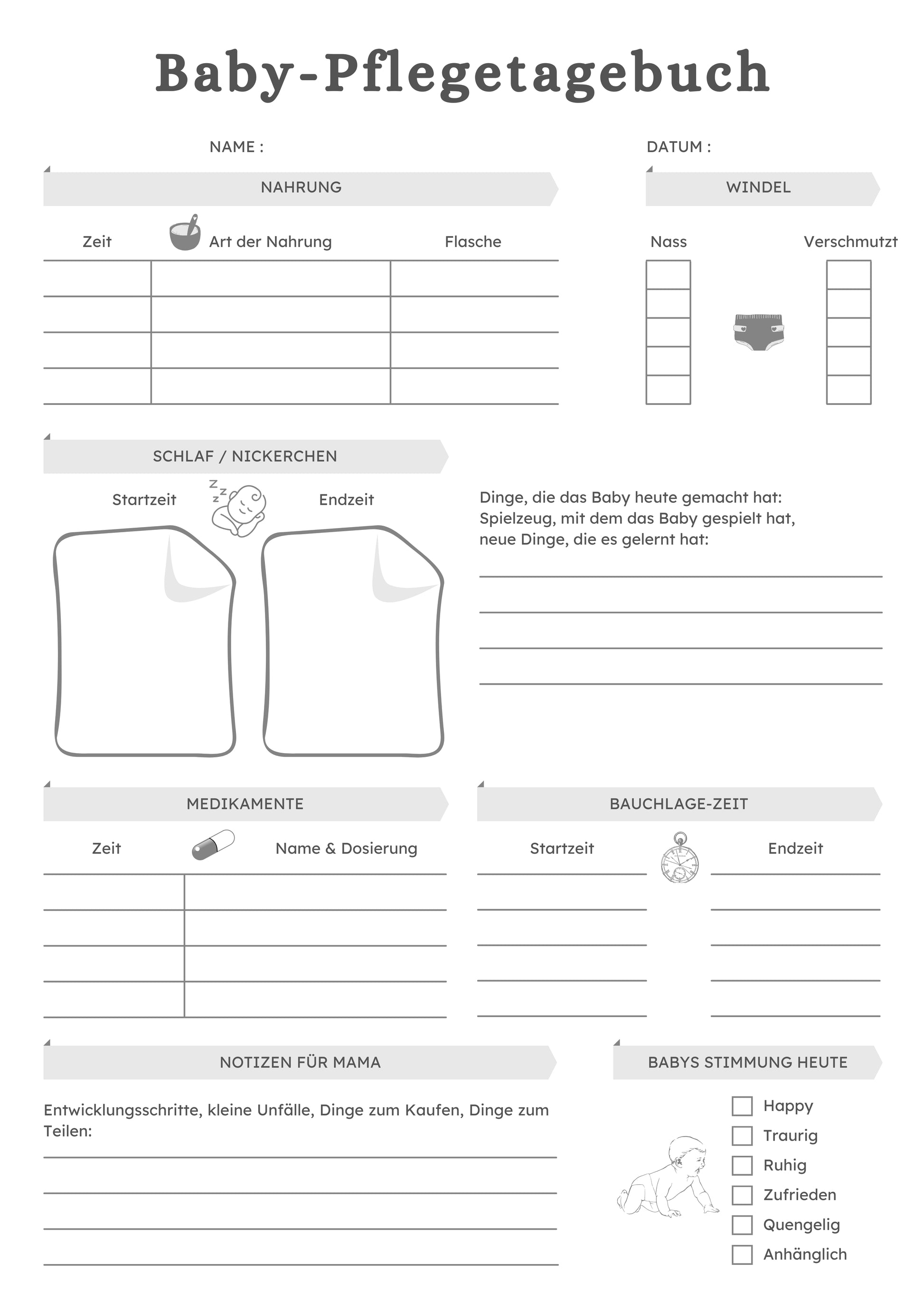 Baby-Pflegetagebuch: für Stillen, Füttern, Schlafen und Windelwechsel: Praktischer Tracker