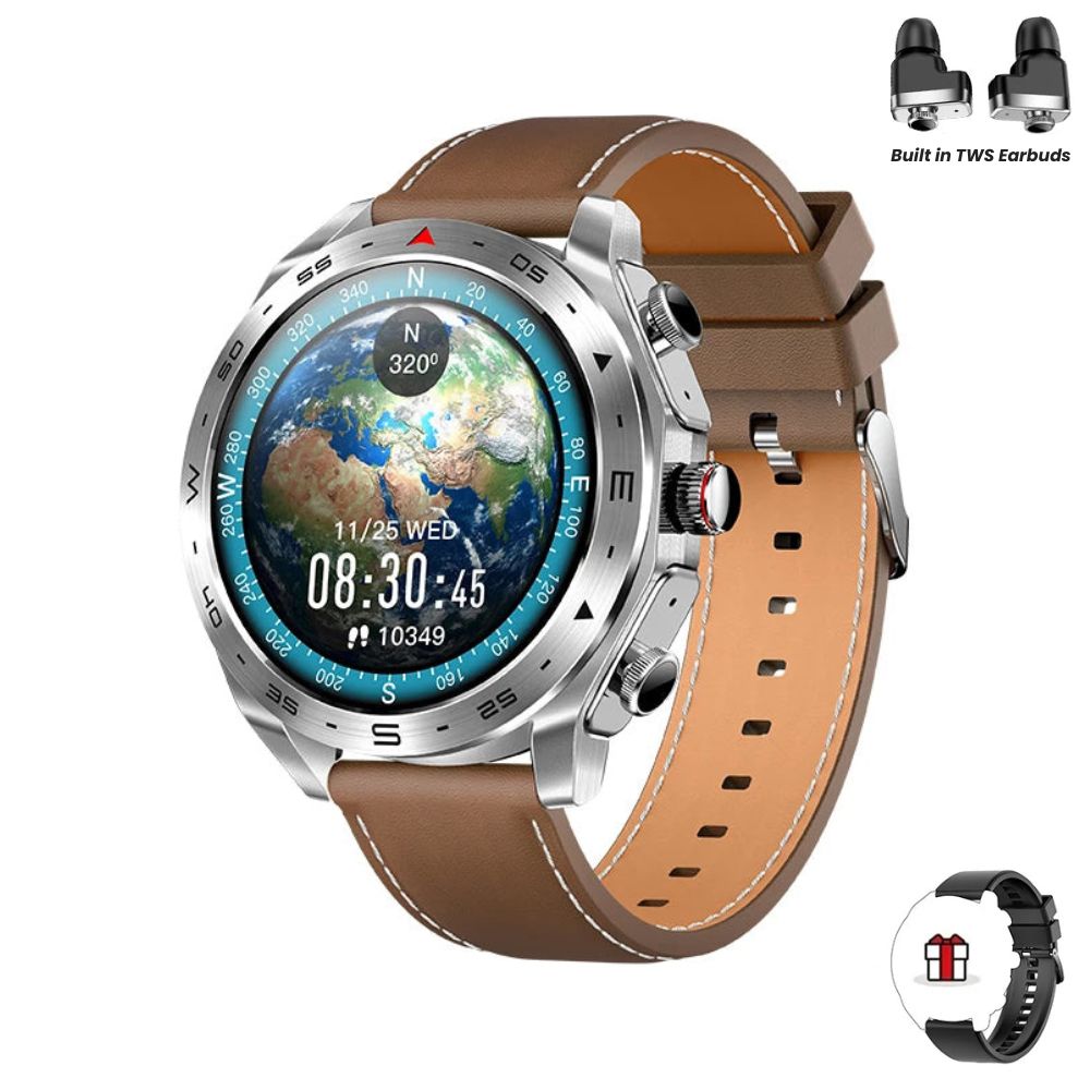 Smartwatch T95 mit integriertem TWS-Headset | Bluetooth 5.0, 400mAh, HD-Display (Silber (LEDER))