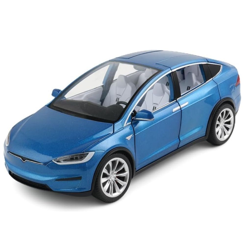 Tesla Model X/3 (1:24) Spielzeugauto mit Licht & Sound | Inkl. Ladestation: Sammler-Geschenk (Blau)