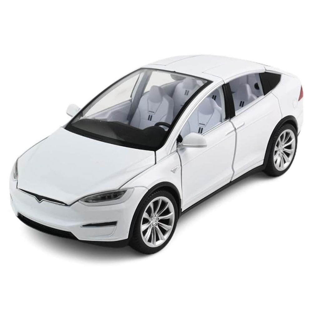 Tesla Model X/3 (1:24) Spielzeugauto mit Licht & Sound | Inkl. Ladestation: Sammler-Geschenk (Weiß)