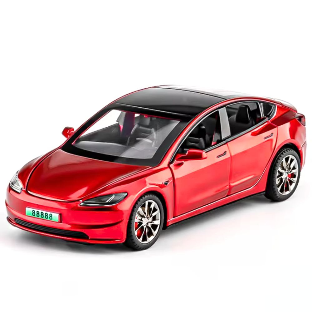 Tesla Model 3 (1:24) Spielzeugauto mit Licht & Sound | Inkl. Ladestation: Sammler-Geschenk (Rot)