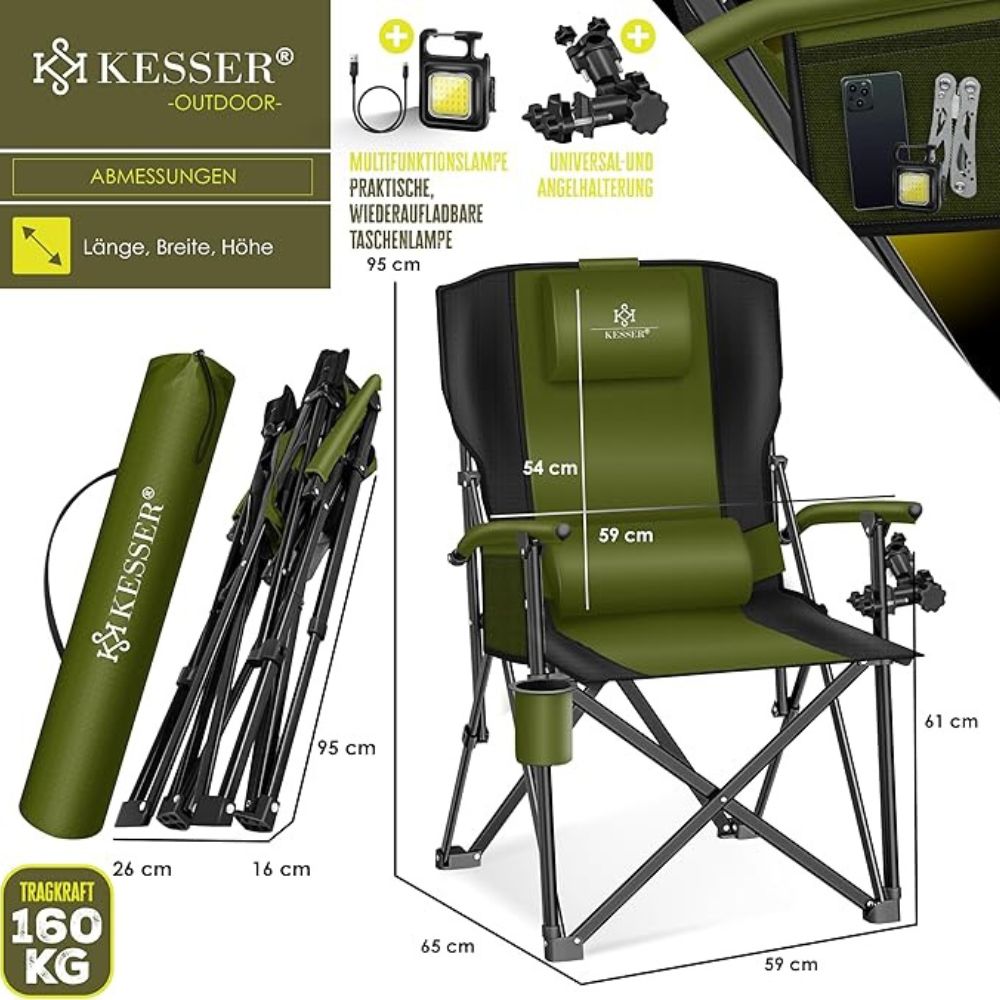 KESSER® Campingstuhl faltbar bis 160kg | Strandstuhl mit Angelhalterung