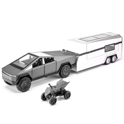 TESLA Cybertruck Model Car (1:32) with Trailer and Beach Motorcycle | Made of Die-Cast Metal with Light and Sound