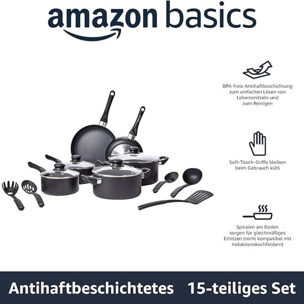 Amazon Basics: 15-teiliges Kochgeschirr mit Antihaftbeschichtung (Schwarz) 1