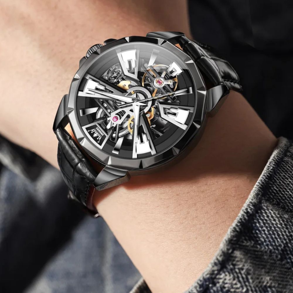 Tourbillon Automatik Mechanische Herrenuhr | Edelstahlgehäuse, Lederarmband, Leuchtzifferblatt, Wasserdicht