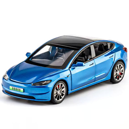 Tesla Model 3 (1:24) Spielzeugauto mit Licht & Sound | Inkl. Ladestation: Sammler-Geschenk (Blau)