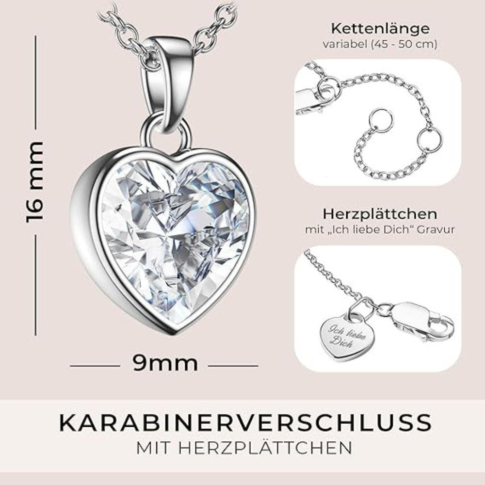 Amoonic Silber Herzkette 925 | Verstellbare Damenkette 45-50cm: Herzanhänger "Ich liebe Dich" mit Stein - Schmuck Geschenk für Frauen, Mama, Freundin