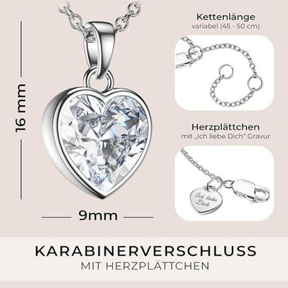 Amoonic Silber Herzkette 925 | Verstellbare Damenkette 45-50cm: Herzanhänger "Ich liebe Dich" mit Stein - Schmuck Geschenk für Frauen, Mama, Freundin