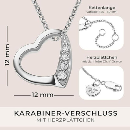 Amoonic Heartbeat Silber Herzkette 925 | Herz-Anhänger mit 4 Glitzersteinen an der Seite | Verstellbare Damenkette 45-50cm | Edles Geschenk für Frauen