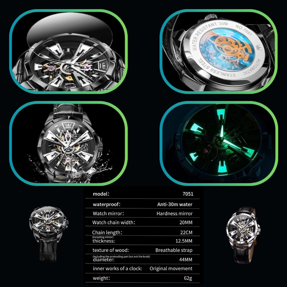 Tourbillon Automatik Mechanische Herrenuhr | Edelstahlgehäuse, Lederarmband, Leuchtzifferblatt, Wasserdicht