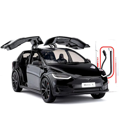 Tesla Model X (1:24) Spielzeugauto mit Licht & Sound | Inkl. Ladestation: Sammler-Geschenk (Schwarz)