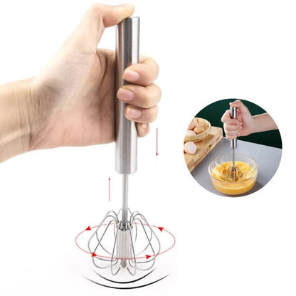 Halbautomatischer Edelstahl-Schneebesen | Drehbarer Push-Mixer für Kochen & Backen 4