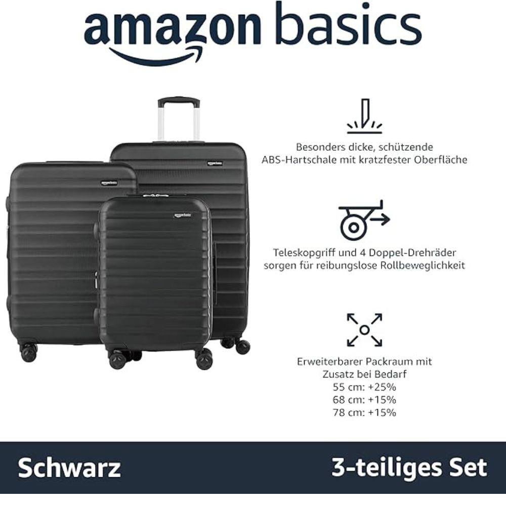 Amazon Basics Hartschalen-Kofferset | 3-teilig (55 - 68 - 78cm) Schwarz