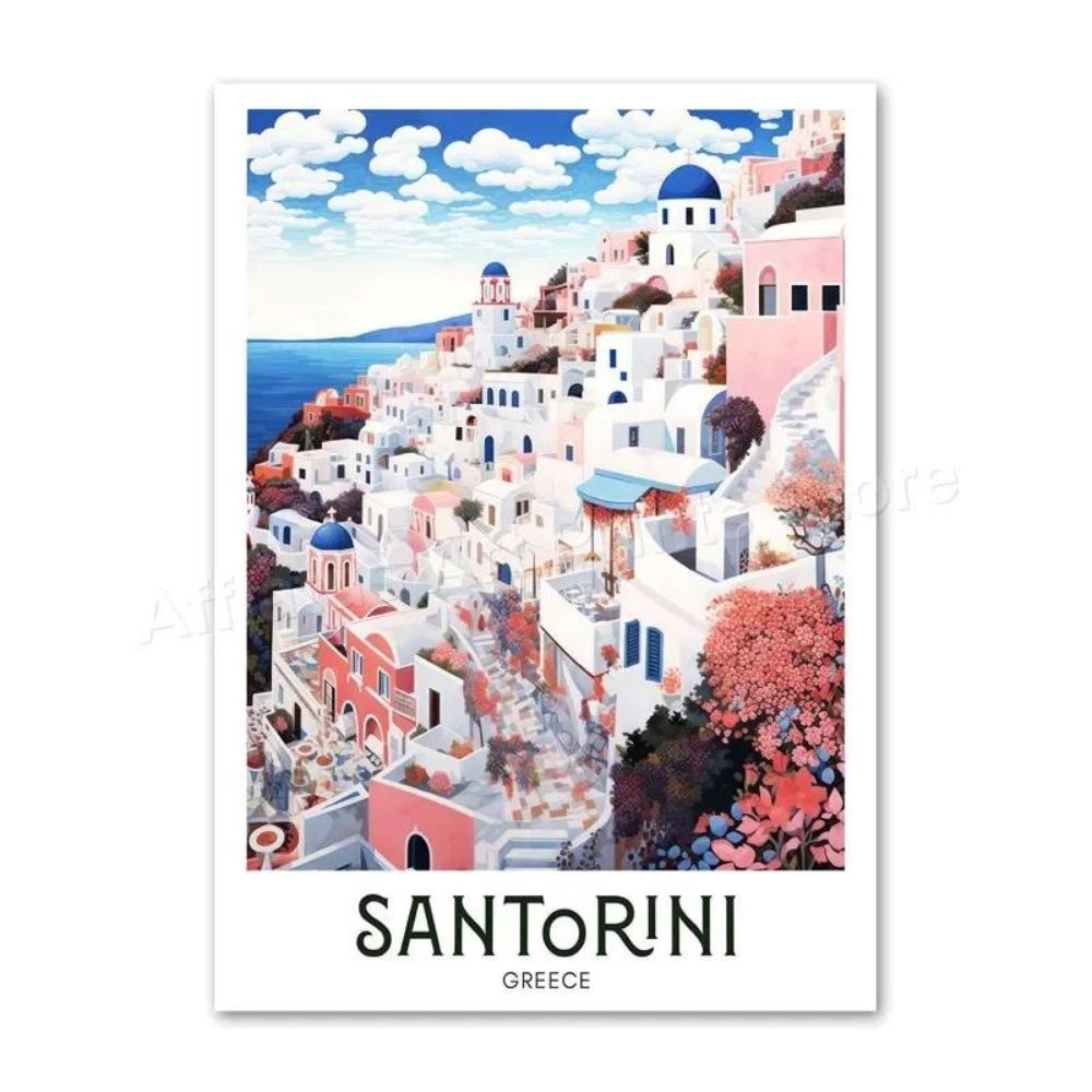 Weltstädte Retro Reise-Poster | Leinwanddruck, Ästhetische Wanddekoration ohne Rahmen (Santorini - Griechenland)
