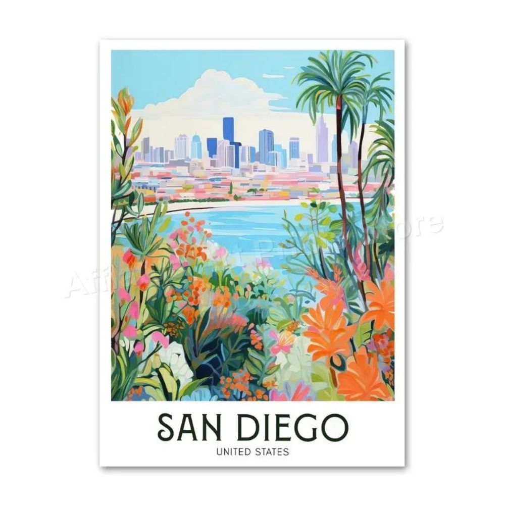 Weltstädte Retro Reise-Poster | Leinwanddruck, Ästhetische Wanddekoration ohne Rahmen (San Diego - USA)