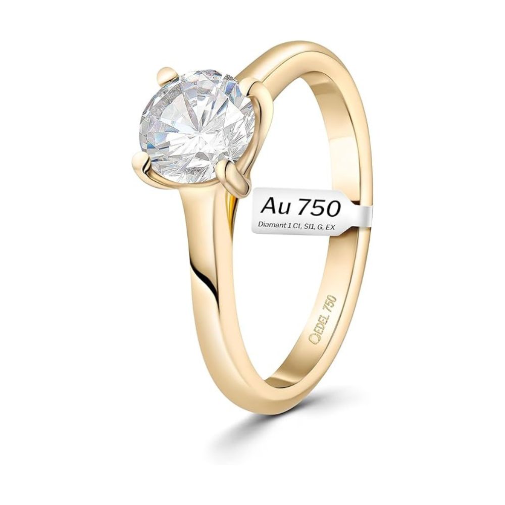 EDELIND (750) Verlobungsring Damen | Goldener Solitär-Diamant-Ring mit Schmuck-Geschenkbox