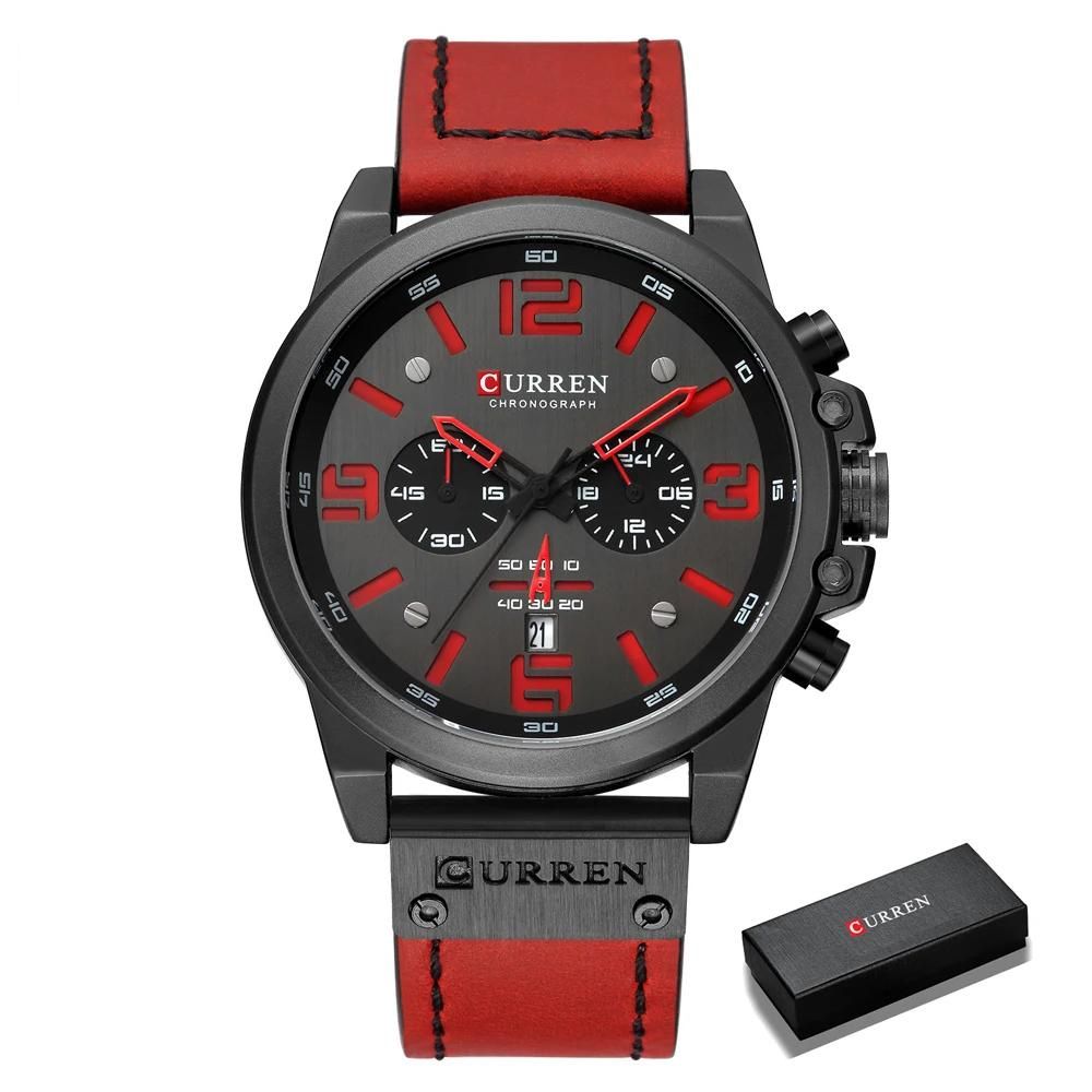 CURREN Luxus Chronograph Quarz-Uhr für Herren mit Lederarmband (Schwarz-Rot)