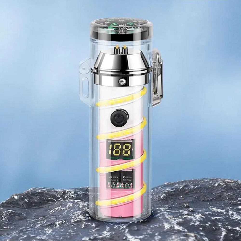 USB-Wiederaufladbares Feuerzeug mit LED-Taschenlampe, Kompass und Winddichtem Lichtbogen - Rosa-Weiß